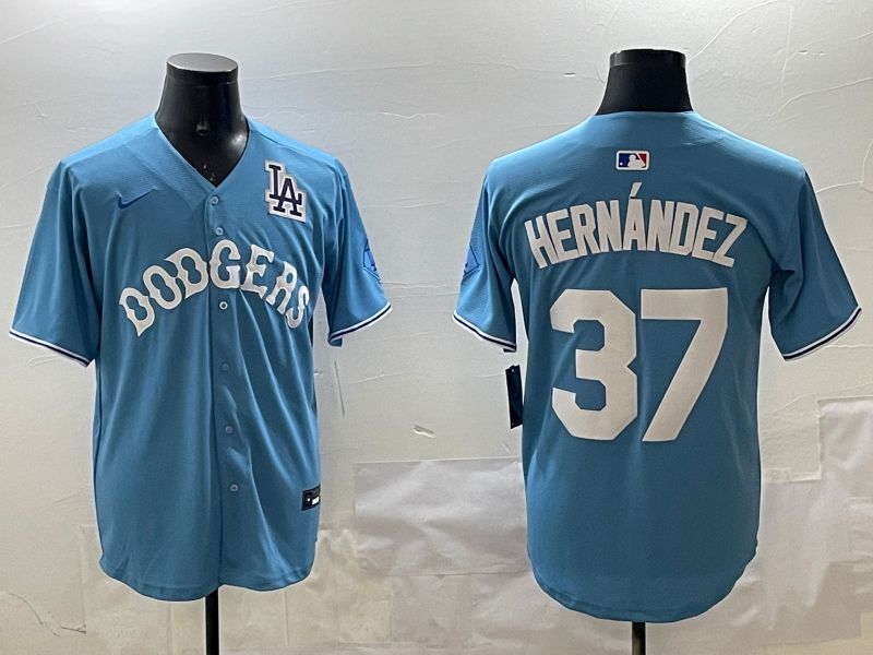 Men Los Angeles Dodgers #37 Hernandez Light Blue Joint Name 2025 Nike MLB Jersey style 18